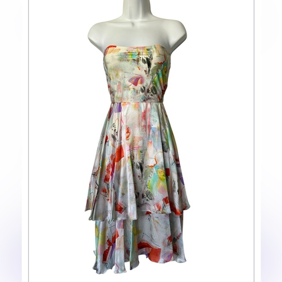 NWT Shan Canada Serena Silk Multicolor Strapless Dress tiered excellent Size 6 - Picture 1 of 10